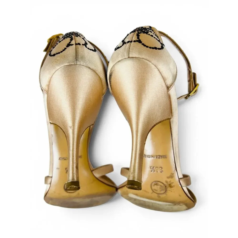 Chanel Crystal Camellia Satin Strass Ankle Strap Heels Champagne Gold EU 36.5